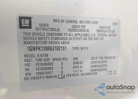 2008 Chevrolet Tahoe Ltz z USA, uszkodzony, nr VIN 1GNFK13068J182161